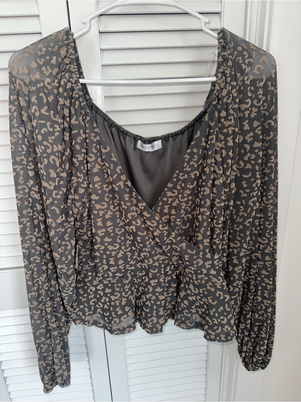 vestique Taupe and Black Leopard-Print Wrap Blouse